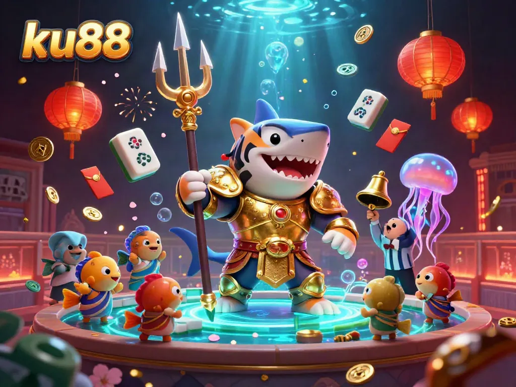 ku88 showcases a thrilling underwater battle with a gladiator shark in a vibrant casino scene.
