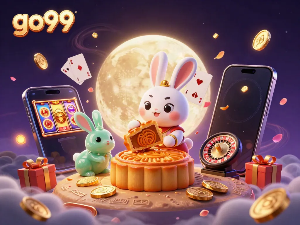 Engage with go99's thrilling casino atmosphere featuring a moon rabbit celebrating jackpots and lunar festivities