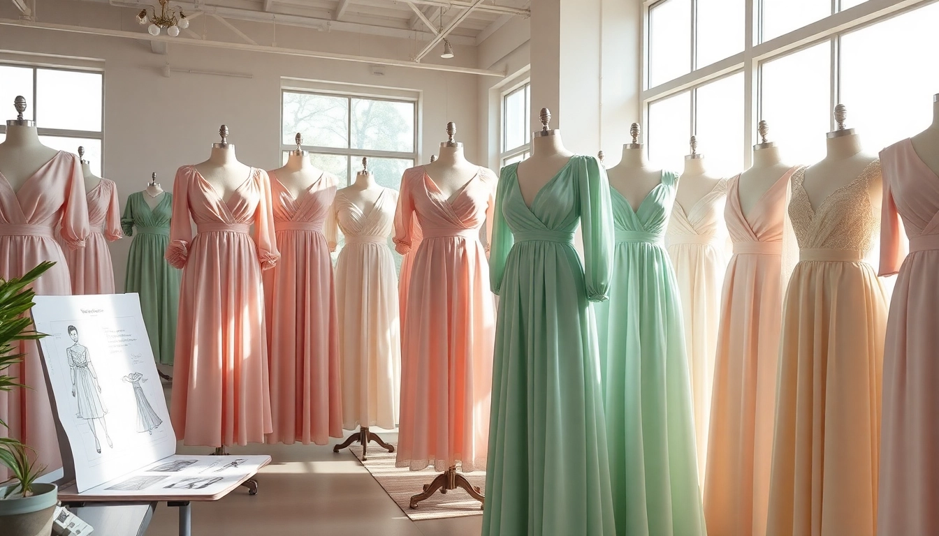 Dresses Manufacturer showcasing elegant designs in a vibrant showroom with natural sunlight.