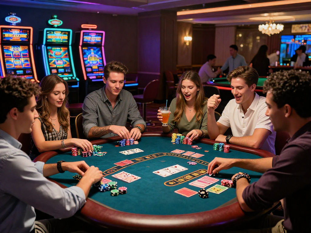 Excited friends playing cards at a lively casino, showcasing vin88 gaming experience.
