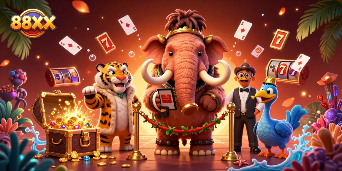 Experience thrilling gaming at 88XX with a vibrant casino scene featuring a bouncer, VIP, and dodo doorman.