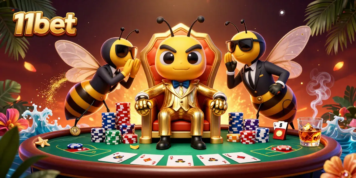 Experience the thrill of 11bet's casino scene with a cartoon mob boss and vibrant poker elements.