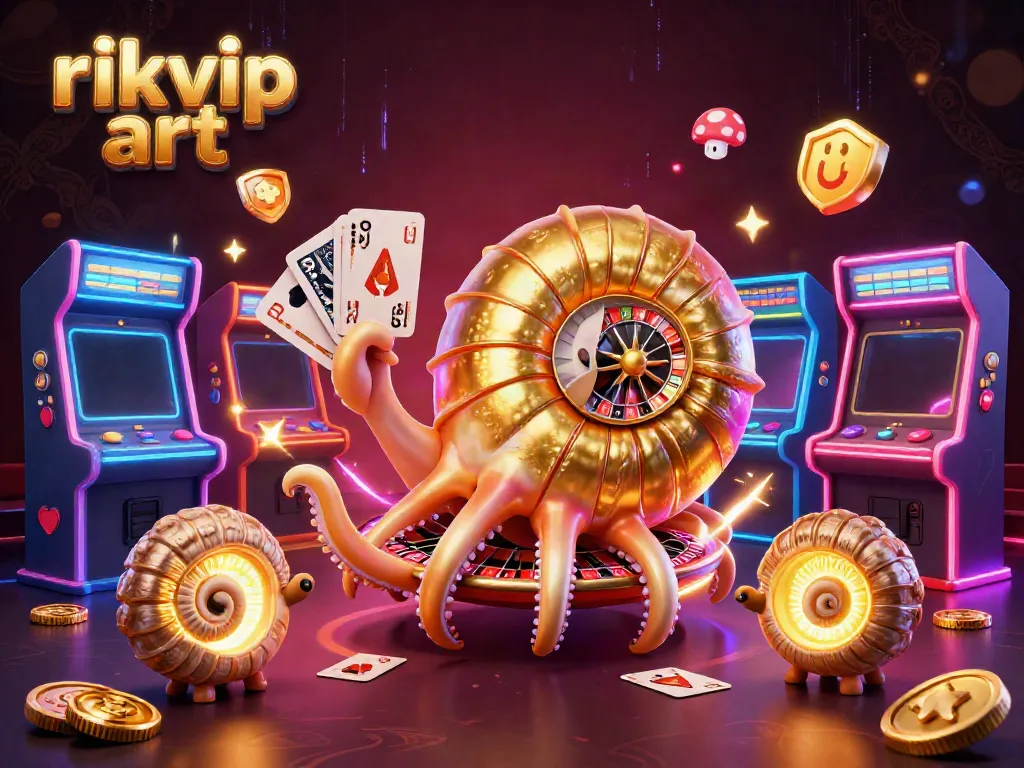 Engage with rikvip art in action, featuring a giant nautilus as a roulette wheel amidst vibrant casino elements.