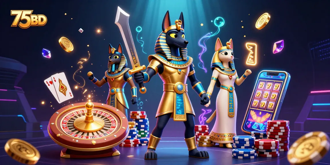 Experience thrilling gaming at 75BD with Anubis in a vibrant casino scene filled with gold and jewels.