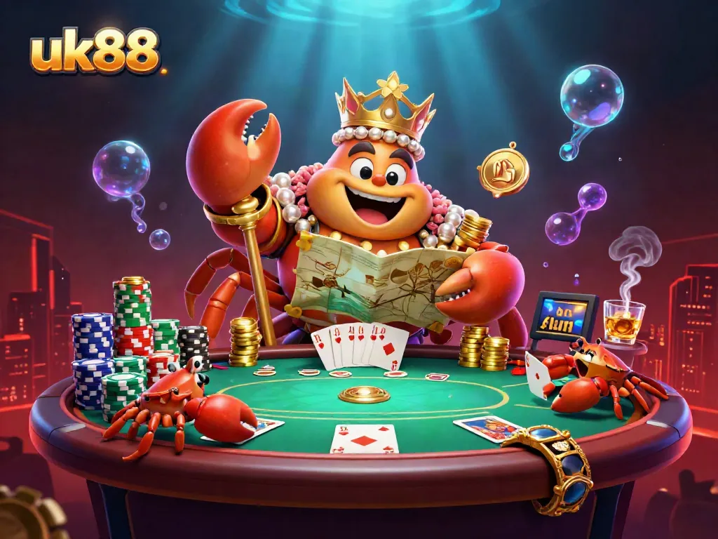 Engage with the uk88 gaming experience featuring a golden crab emperor at a vibrant poker table.