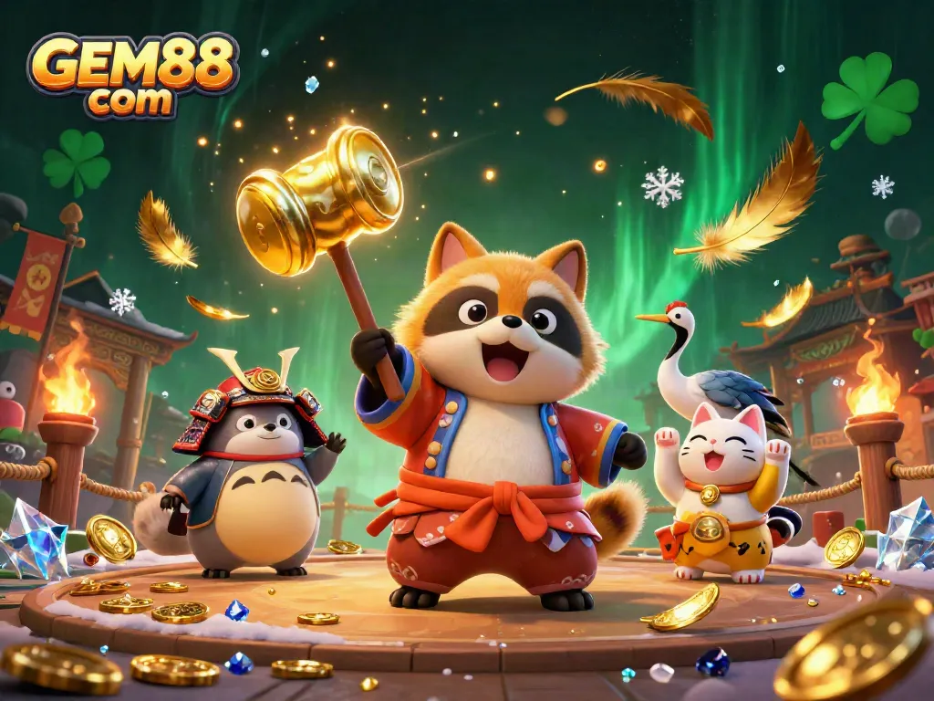 Enhance your gaming experience with GEM88 com, featuring a tanuki, crane, and colorful maneki-neko in a vibrant 3D casino illustration.