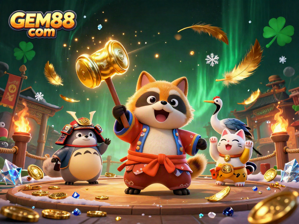 Enhance your gaming experience with GEM88 com, featuring a tanuki, crane, and colorful maneki-neko in a vibrant 3D casino illustration.