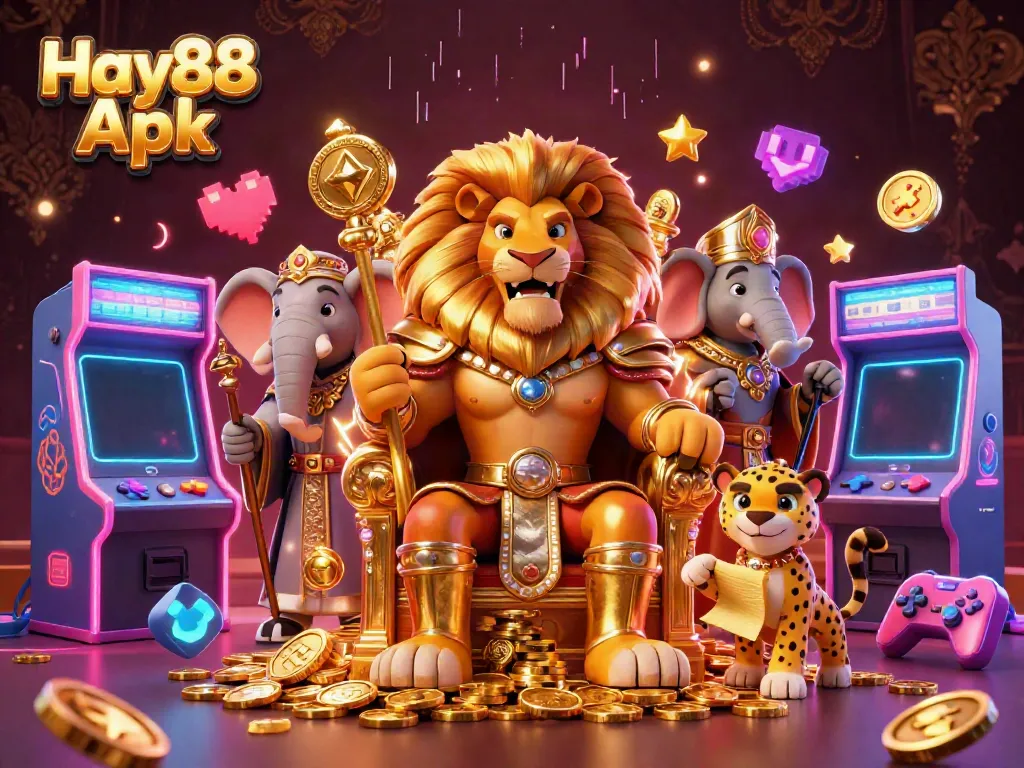 Celebrate wins with Hay88 Apk in a vibrant 3D casino landscape, featuring a regal lion, elephant, and cheetah.