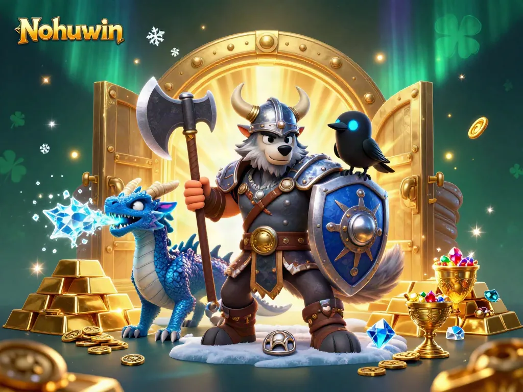 Nohuwin showcases vibrant casino action with a Viking wolf warrior and a fierce dragon amid treasure.
