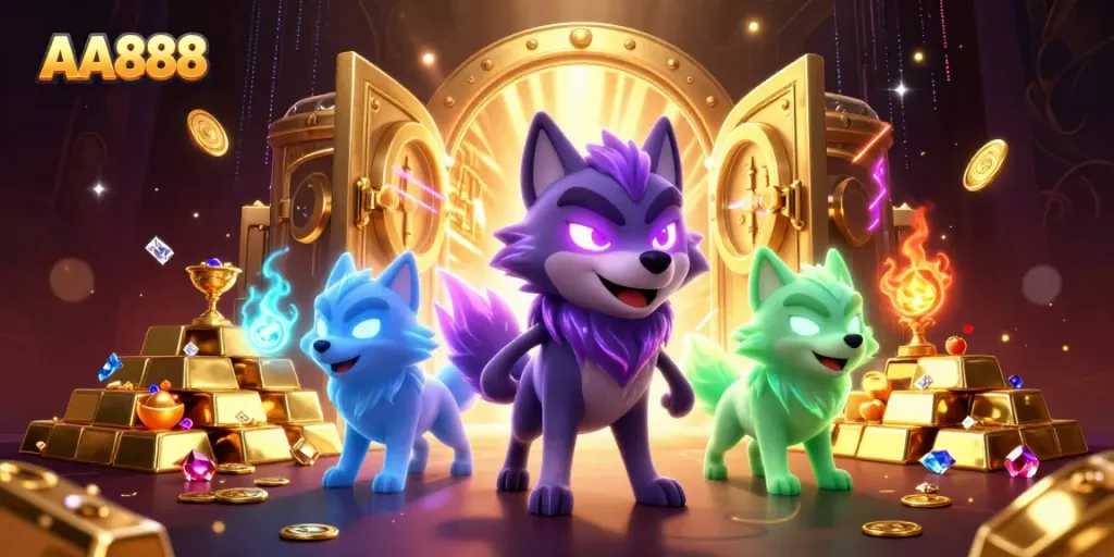 Experience thrilling gameplay at AA888 with glowing wolf characters and treasure bursting forth.