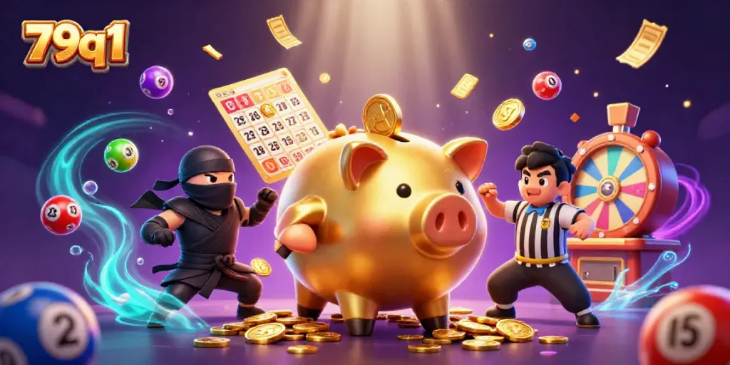 Engage with fast-paced gambling action featuring 79q1's cartoon piggy bank sumo wrestler amidst fun casino symbols.