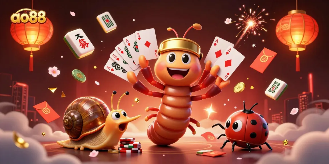 Experience excitement at ao88 with a 3D cartoon millipede dealer managing cards in a vibrant casino scene.