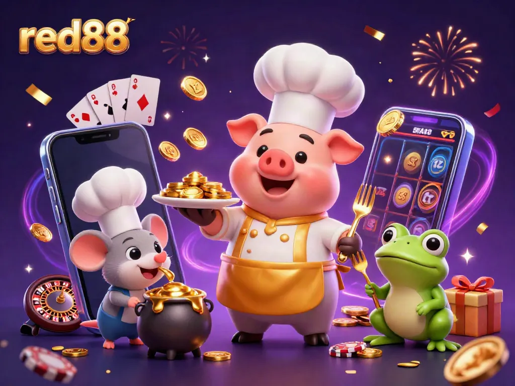 Experience the vibrant action at red88 with a chef pig, molten gold, and casino elements!