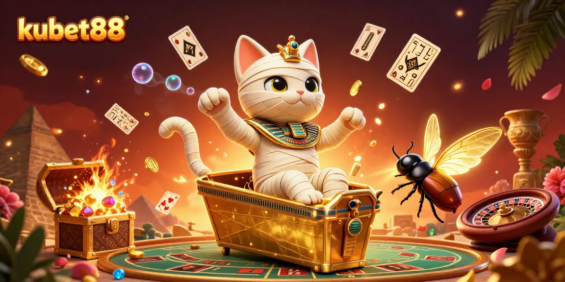 Experience thrilling gameplay at kubet88 with a vibrant 3D casino scene showcasing Egyptian themes, roulette, and treasures.
