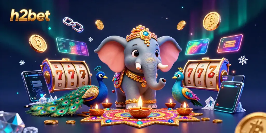 Experience thrilling gameplay at h2bet with a vibrant 3D casino scene featuring colorful slots and festive visuals.