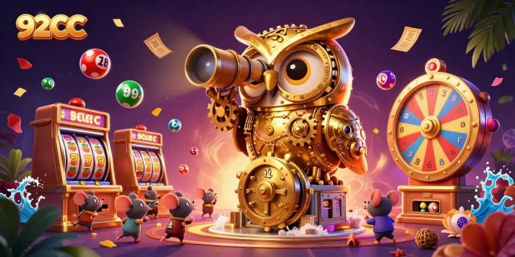Experience exciting gaming action at 92CC with dynamic lottery and slot elements in the vibrant casino scene.
