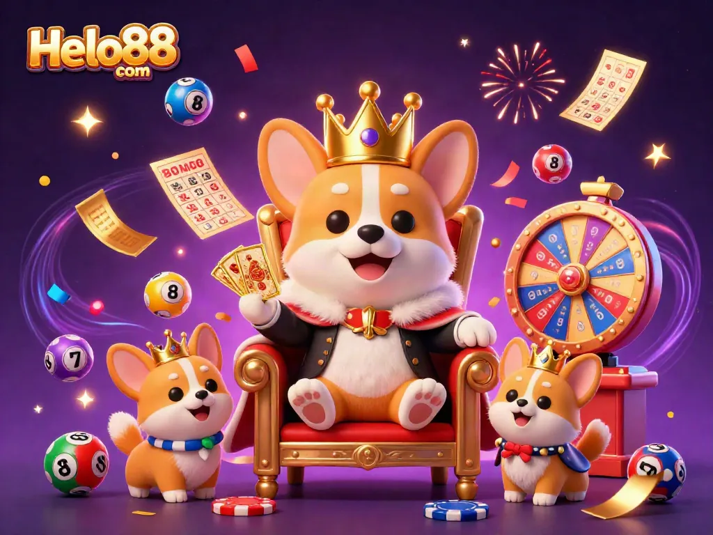 Experience the vibrant world of Helo88 com with a royal corgi reigning among thrilling casino elements.