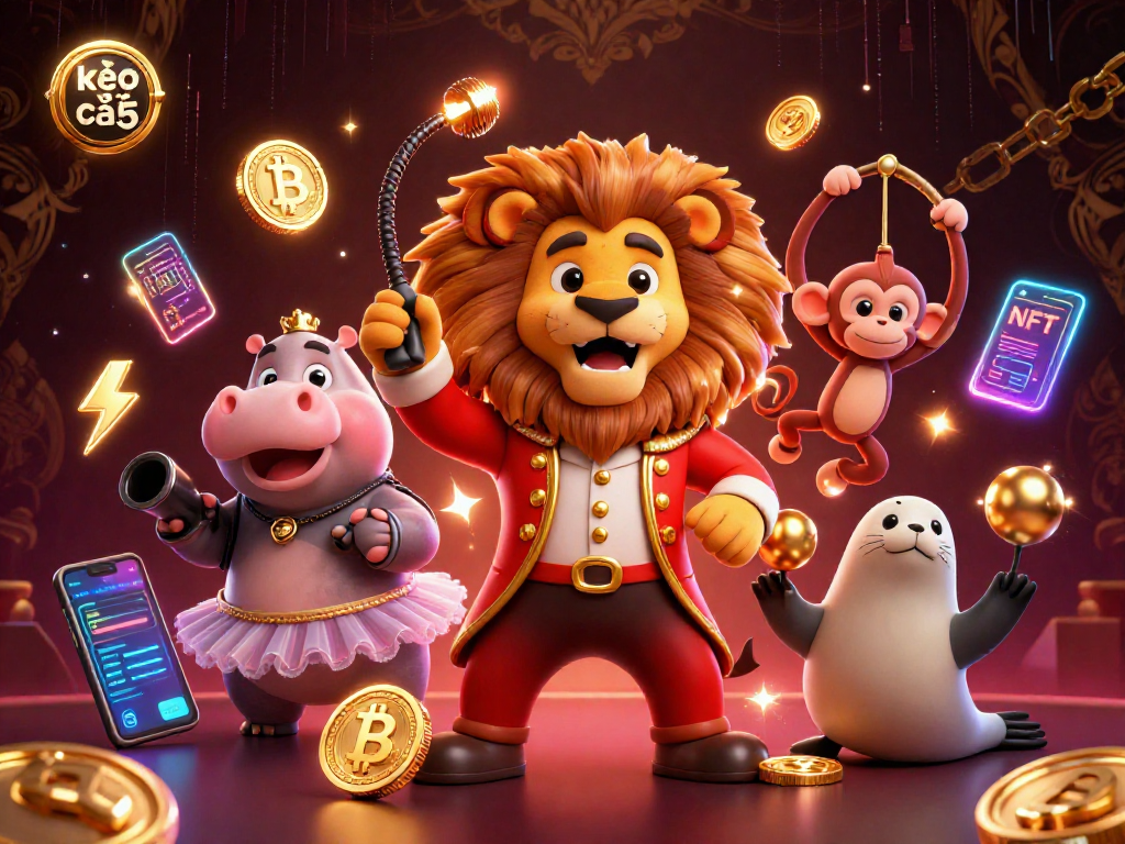 Engage with kèo nhà cái 5 in a vibrant 3D circus-themed illustration featuring animated casino characters and crypto elements.