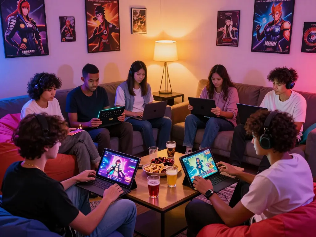Group enjoying interactive adult game session in cozy lounge with colorful LED lights.