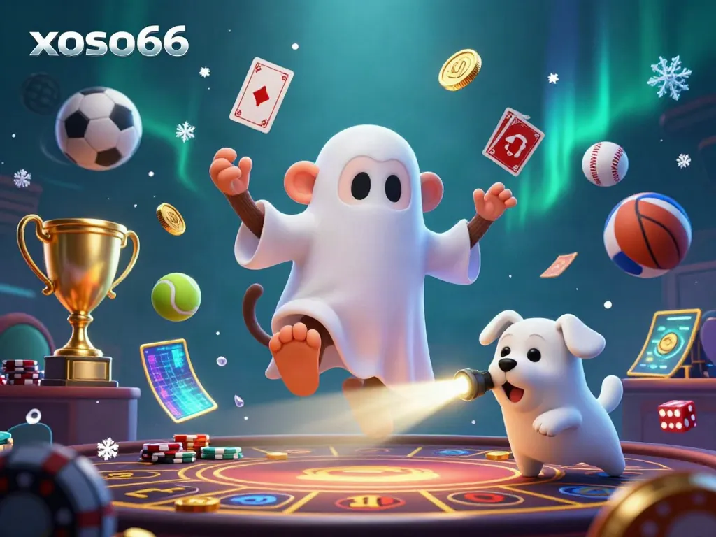 Engage with xoso66's lively online casino experience featuring a playful poltergeist monkey and a curious ghost-hunter puppy.