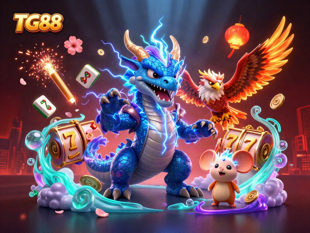Spin to win with the dynamic TG88 scene featuring a thunder dragon, wind hawk, and thunder mouse amidst slot reels.