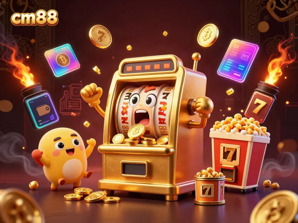 Spin jackpots with cm88's animated slot machine pouring coins, creating an exciting casino experience.