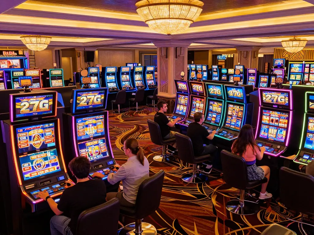 Players enjoying exciting slot games at 27G casino, vibrant lights shining in the background.