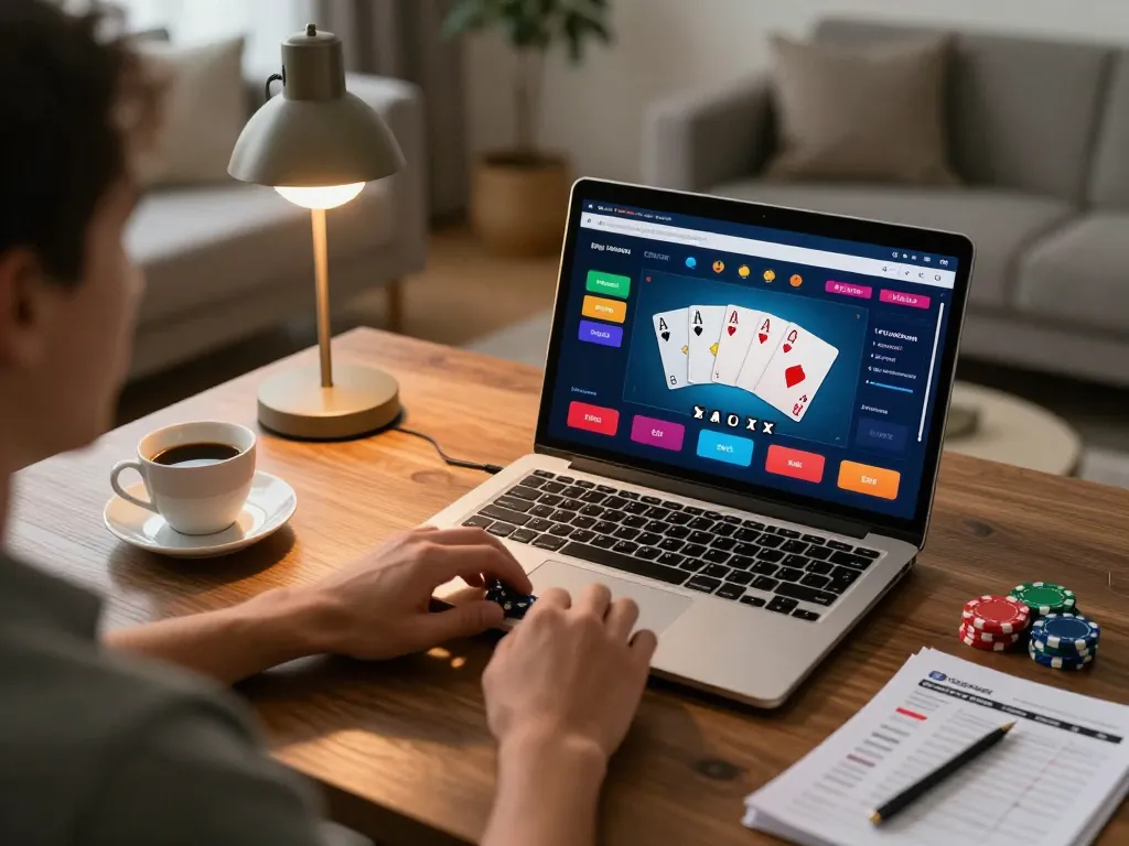U888 player enjoying poker game on laptop with strategic notes and coffee in cozy home setting