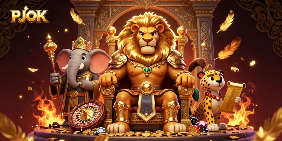 PJOK's vibrant 3D illustration showcases a lion king, elephant advisor, and cheetah messenger amidst thrilling casino elements.