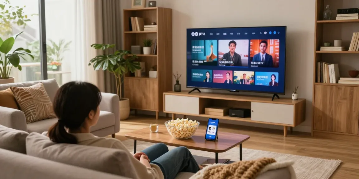 Assistindo IPTV em casa com ambiente aconchegante e TV grande