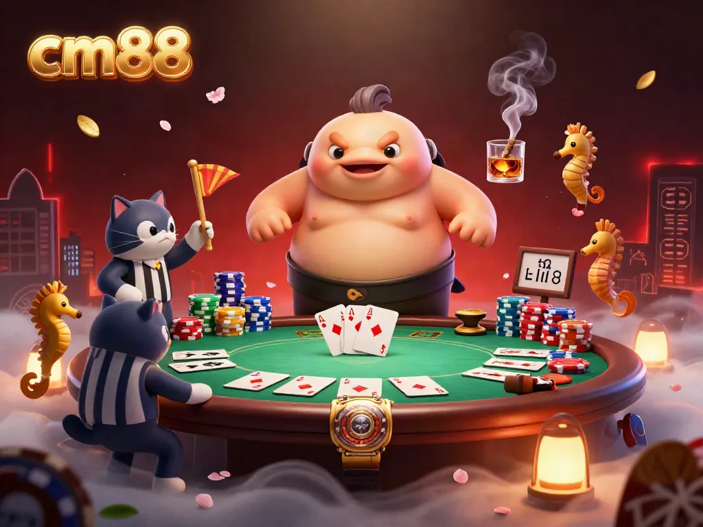 Experience thrilling poker action with cm88 in this vibrant underwater scene featuring a fugu and seahorse spectators.