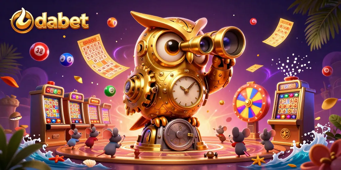dabet brings excitement with a clockwork owl and animated lottery elements in a vibrant casino scene