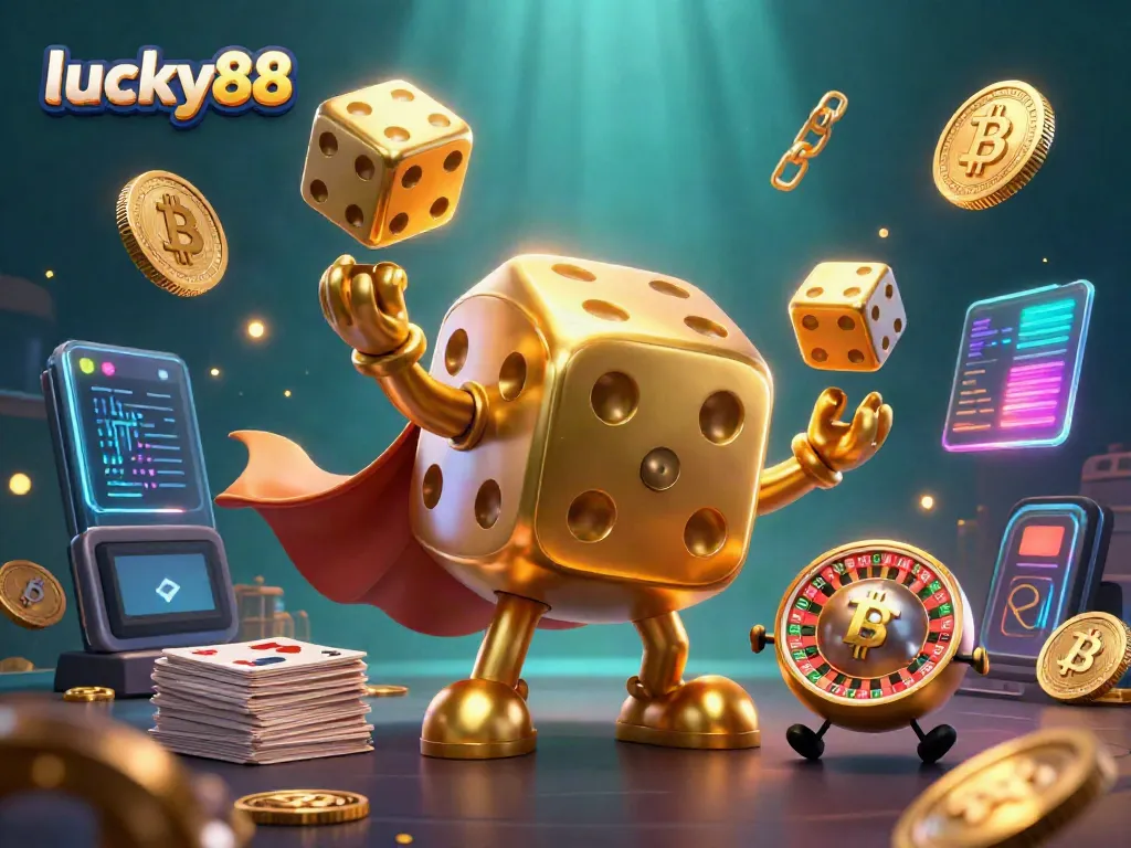 Engaging scene of lucky88’s golden dice golem and roulette character, highlighting vibrant casino elements.