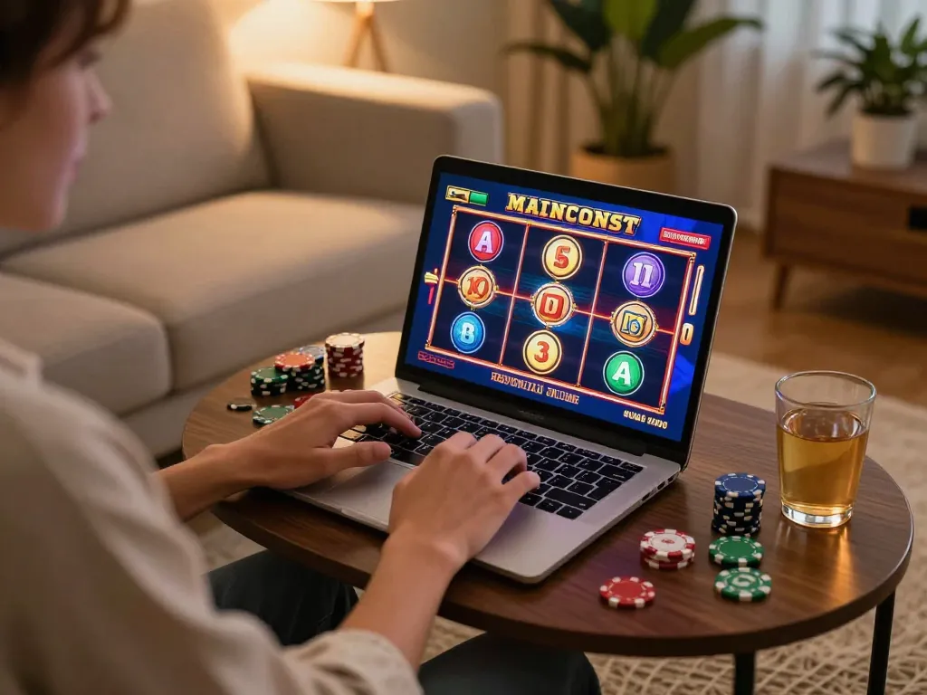 Engaging in online slot games on a laptop, showcasing lucky88z gaming experience in a cozy living room.