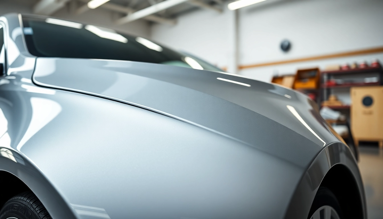 Apply paint protection film near me for a sleek, enhanced car finish in a modern garage.