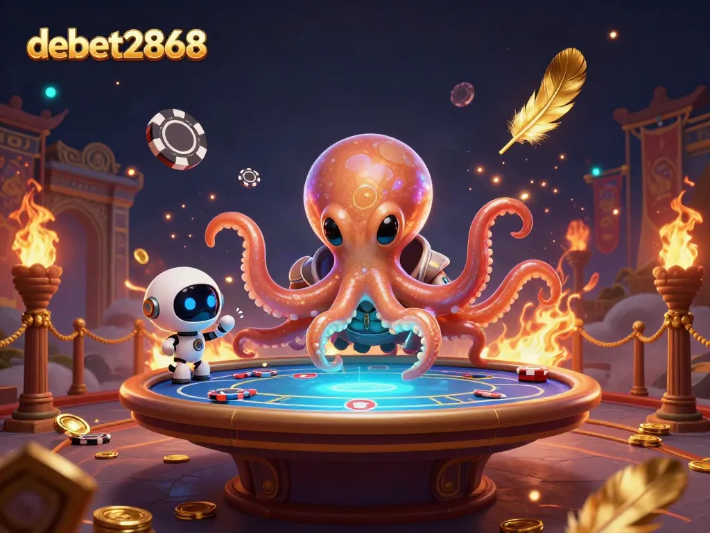 debet2868 engages players at a vibrant holographic poker table depicted with alien art and cosmic elements.