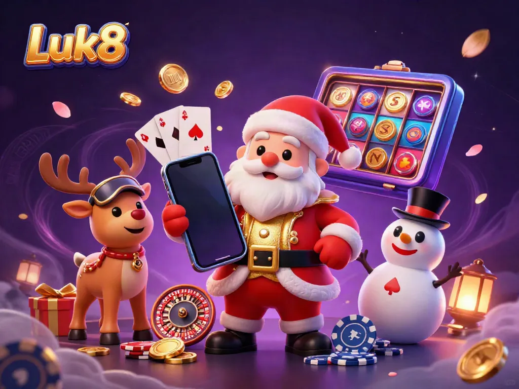 Engage with Luk8's vibrant casino scene featuring Santa, his reindeer, and a snowman amidst thrilling gambling elements.