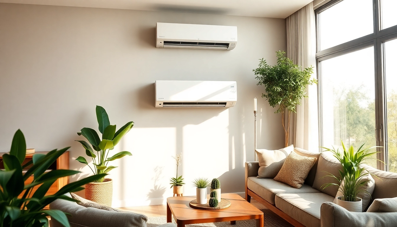 Installing a mini split ac unit in a stylish living room environment with natural light.