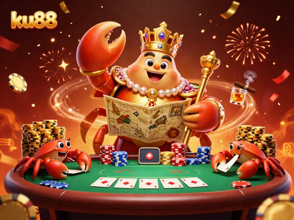 Experience thrilling moments at ku88 with a majestic golden crab emperor in a dynamic casino scene.