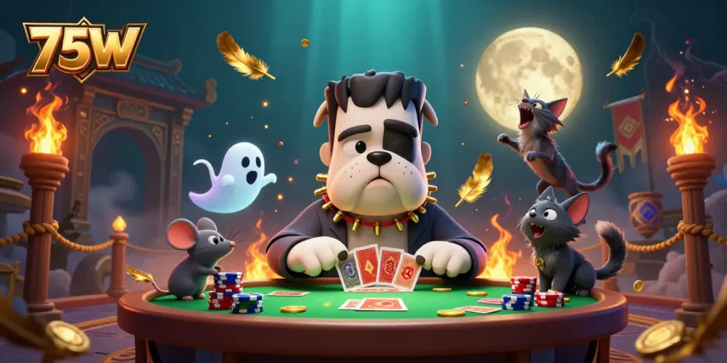 Engage in thrilling gambling at 75W casino with a dynamic 3D illustration of a Frankenstein bulldog and a werewolf kitten.
