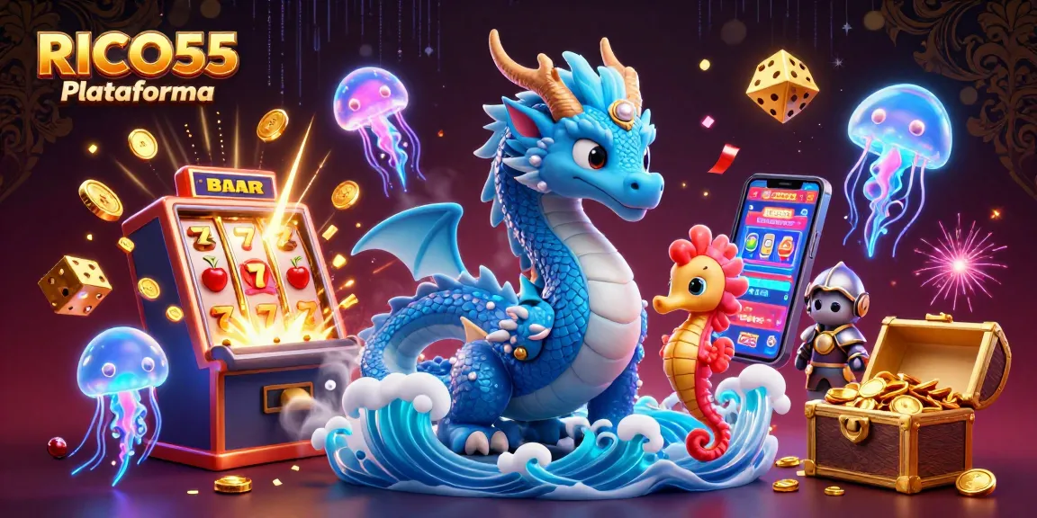 Experience thrilling wins with RICO55 Plataforma in a vibrant casino fantasy scene featuring games and immersive characters.