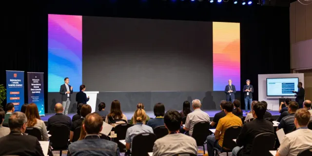 Expositores presenting engaging insights at a dynamic conference event.