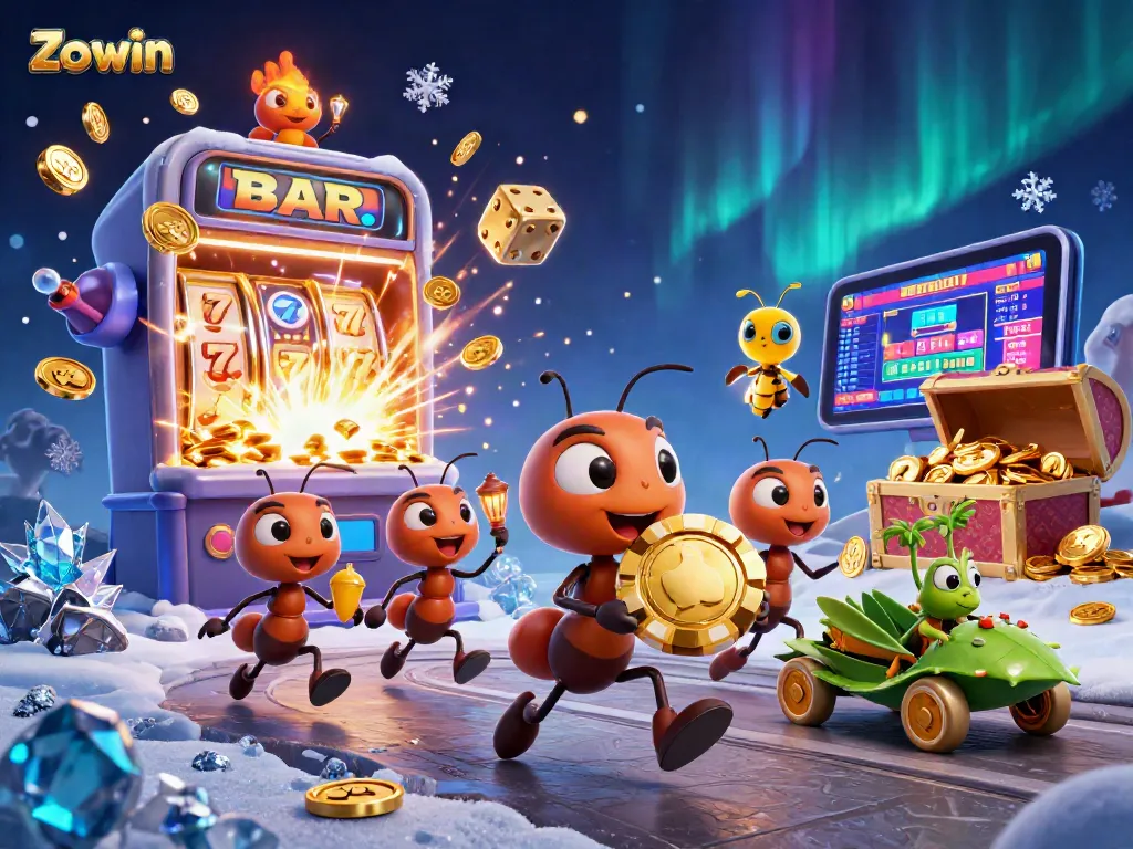 Zowin’s cartoon heist scene with ants carrying a golden poker chip surrounded by dynamic casino elements