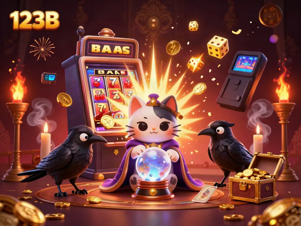 Win big at 123B with this vibrant 3D digital casino illustration packed with dynamic game elements.