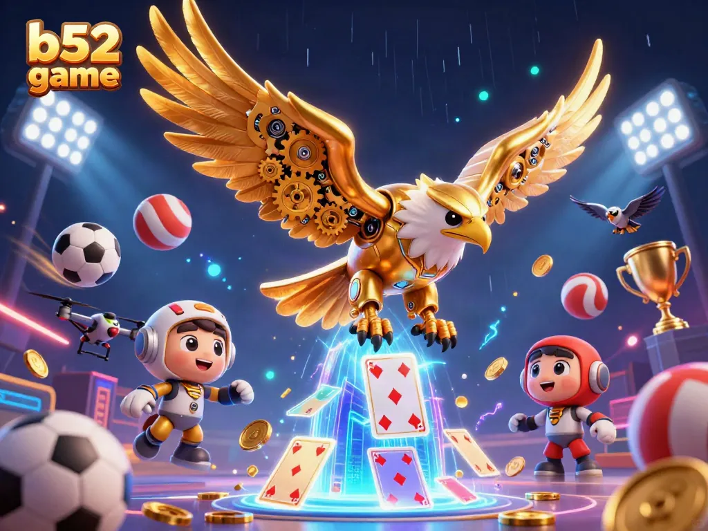 Engage with the thrilling b52 game experience featuring a diving gold eagle surrounded by dynamic casino elements.