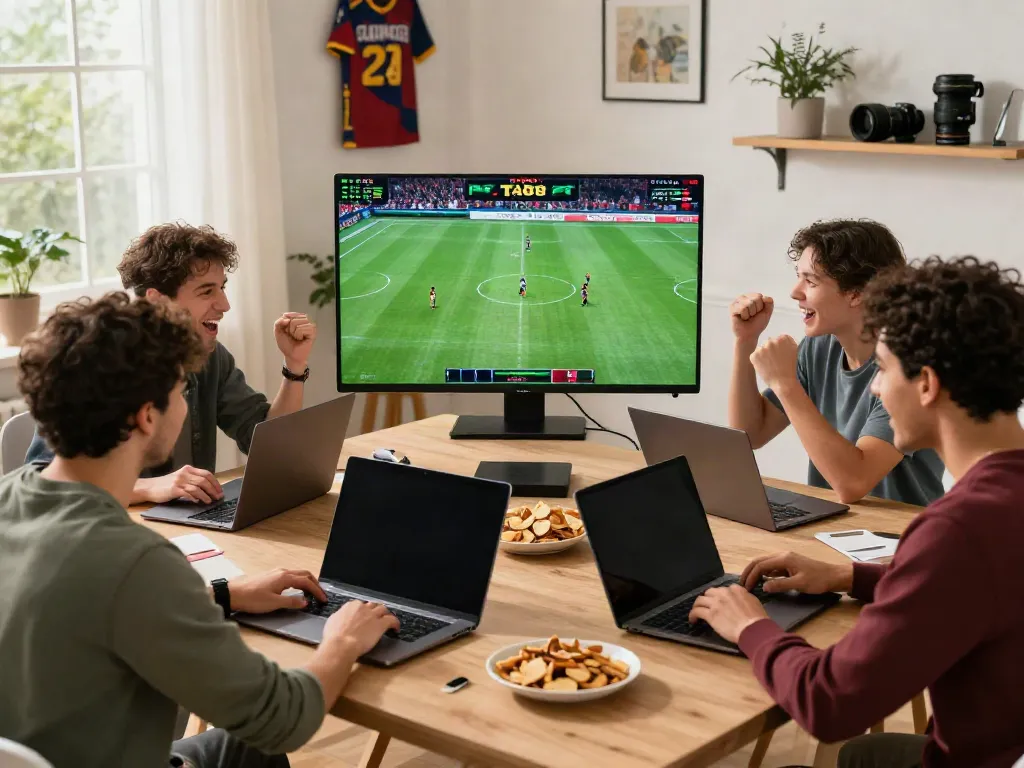 Players enjoying sports betting on TA88 with laptops and smartphones, capturing a lively atmosphere.