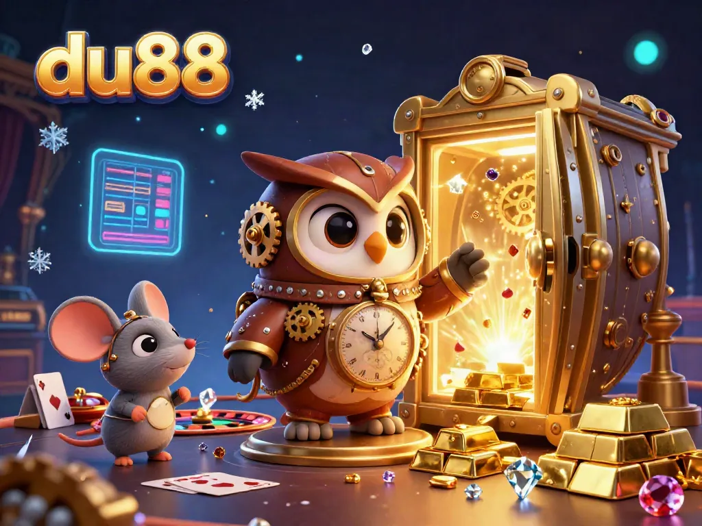 Engage with the du88 casino adventure featuring an owl and mouse in a vibrant 3D world of roulette and treasures.