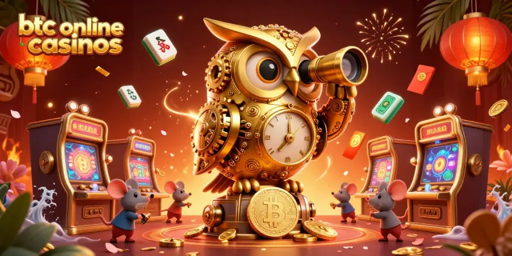 Experience the excitement of btc online casinos with a vibrant illustration of a golden owl and crypto elements.