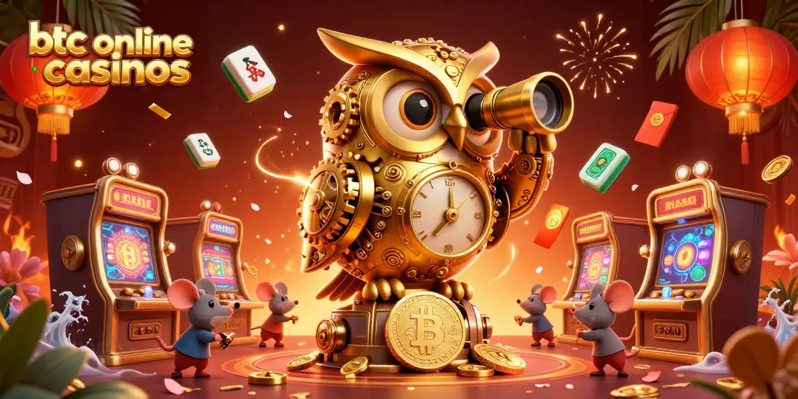 Experience the excitement of btc online casinos with a vibrant illustration of a golden owl and crypto elements.