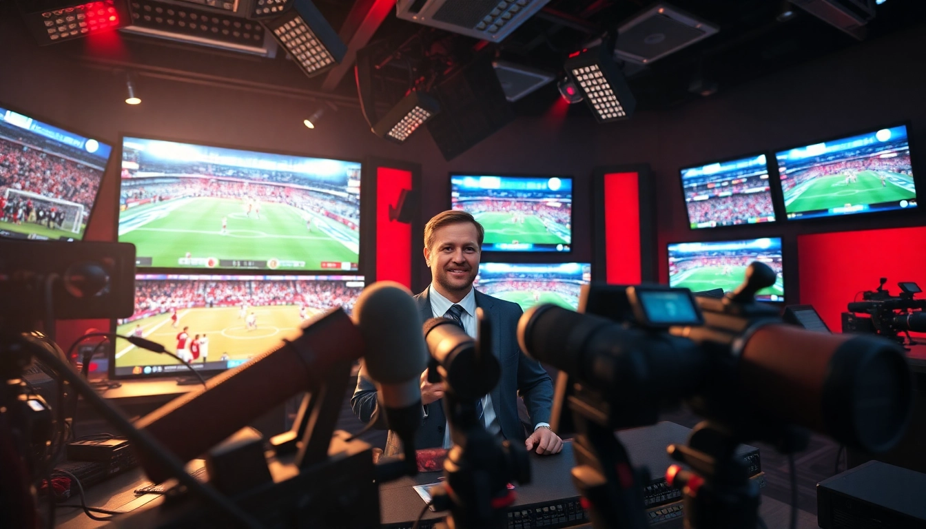 Engaging scene of sports broadcasting featuring a commentator in a vibrant studio.
